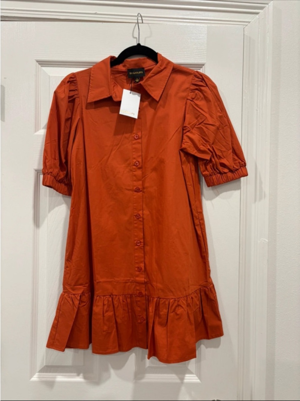 Sugarlips Brick Orange Puff Sleeve Button-Front Dress